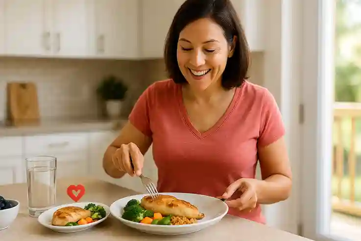 A cheerful adult preparing a heart-healthy meal with grilled chicken and vegetables, highlighting eating chicken health benefits for heart wellness.