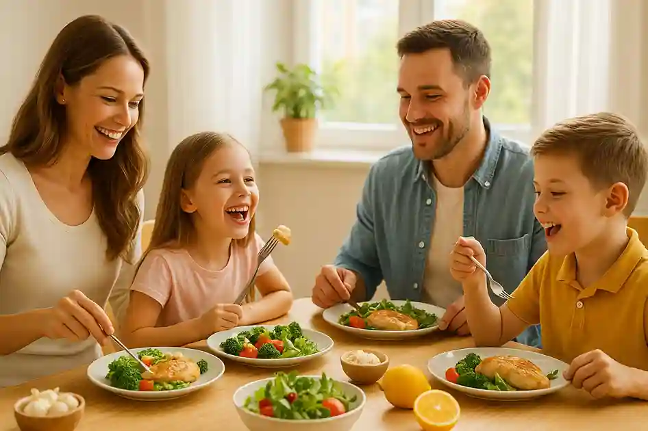 A happy family enjoying a chicken meal with vegetables, showcasing eating chicken health benefits for boosting immunity.