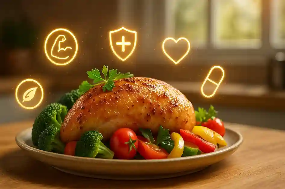 Golden-brown roasted chicken on a plate with fresh vegetables, surrounded by glowing symbols representing health benefits like muscle growth, immunity, heart health, vitamins, and energy.
