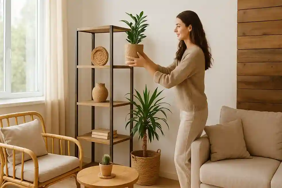 Young woman decorating a cozy eco-friendly living room with plants and sustainable wooden furniture.