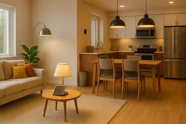 Energy-Efficient Lighting and Appliances Modern living space with LED lighting, solar lamps, and energy-efficient appliances in a bright eco-friendly home.