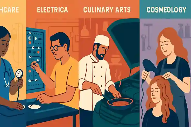 Infographic collage highlighting different Types of Trade Schools, including nursing, electrical, culinary, automotive, and cosmetology training.