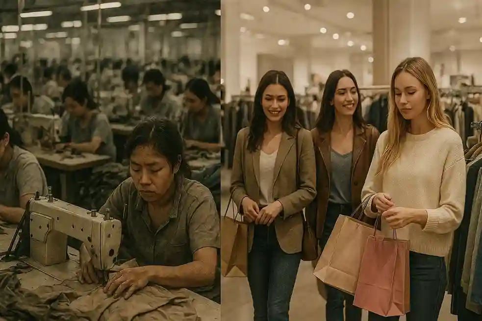 Illustration showing Fast Fashion’s Hidden Human Cost, featuring factory workers and labor exploitation.