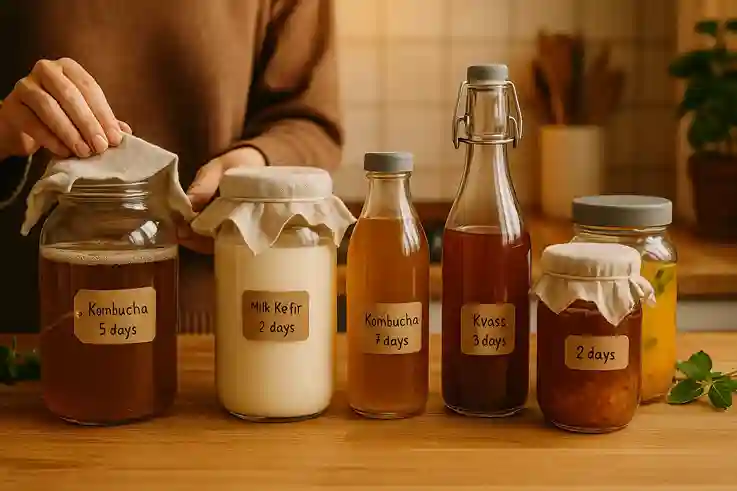 Fermentation Time – Let Your Drinks Transform Jars of homemade fermented drinks covered with cloths and labeled with fermentation days, as a person checks one jar during the process.