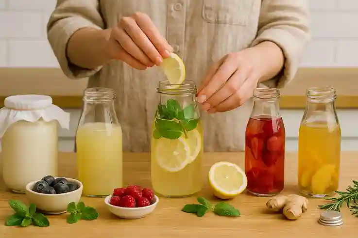 Flavor and Bottle Your Homemade Fermented Drinks A person adding fresh fruits, herbs, and spices into glass bottles of kombucha and kefir, preparing to flavor and bottle homemade fermented drinks.