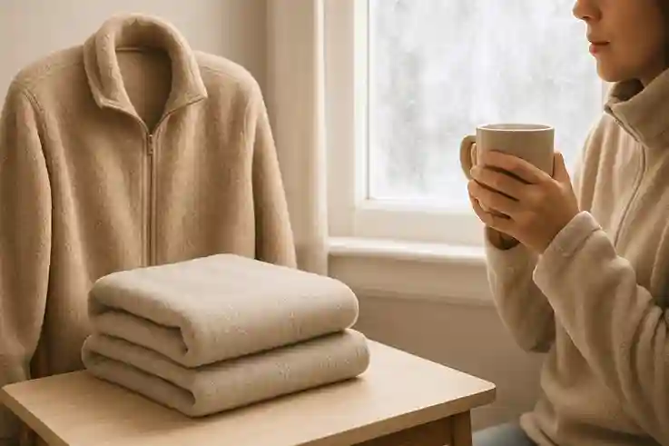 Fleece jacket and blanket showcasing lightweight warmth as one of the best fabrics for cold weather