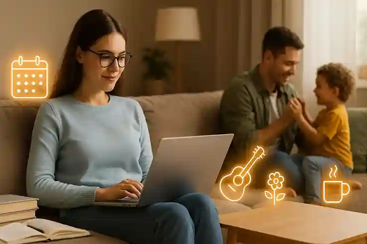 Flexibility and Balance in Online Learning A student studying on a laptop while balancing family, hobbies, and relaxation, illustrating flexibility and balance in online learning.
