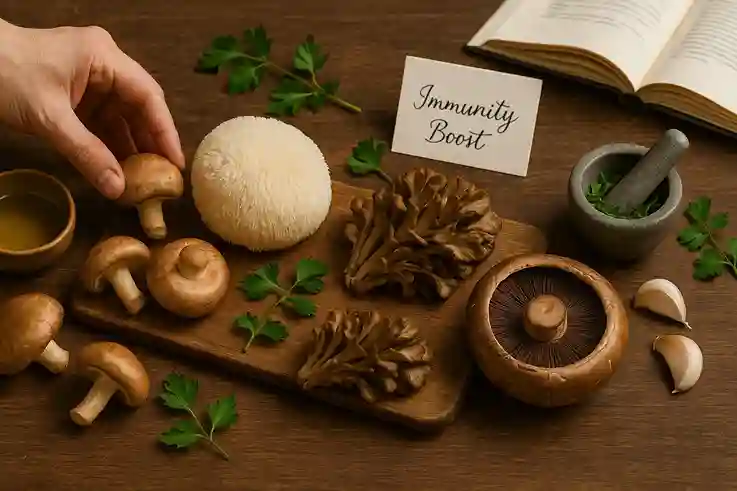 Fresh mushrooms including shiitake, maitake, lion’s mane, and portobello arranged on a rustic wooden surface with herbs, garlic, olive oil, and a hand placing them, surrounded by natural props that highlight health and nutrition benefits.