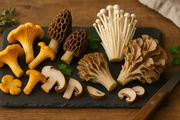 Gourmet Types of Edible Mushrooms Elegant and Flavorful A variety of gourmet types of edible mushrooms including chanterelle, morel, enoki, and maitake, arranged on a wooden board.
