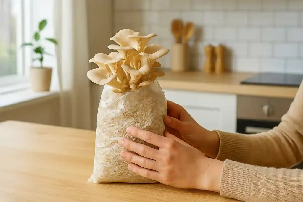 Hands tending to oyster mushrooms growing from a substrate bag on a kitchen counter.