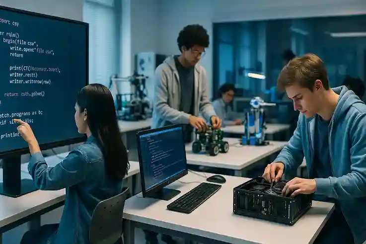 Students in a Technology Trade School working with robotics, coding, 3D printing, and computer hardware in a modern training lab.