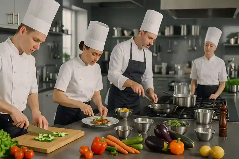 Students training in a Culinary Arts Program kitchen, learning cooking techniques and plating dishes under instructor supervision.