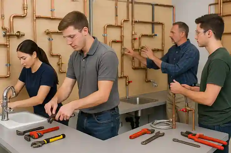 Students training in a Plumbing Program, connecting pipes and learning installation techniques under instructor supervision in a modern trade school lab.