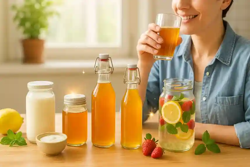Health Benefits of Fermented Drinks A person enjoying a glass of kombucha at a sunny kitchen table, with bottles of kefir, kombucha, and fruit-infused water symbolizing the health benefits of fermented drinks.