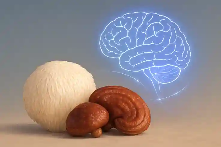 Small cluster of lion’s mane and reishi mushrooms beside a glowing stylized human brain with neural connections on a soft blue and purple background.