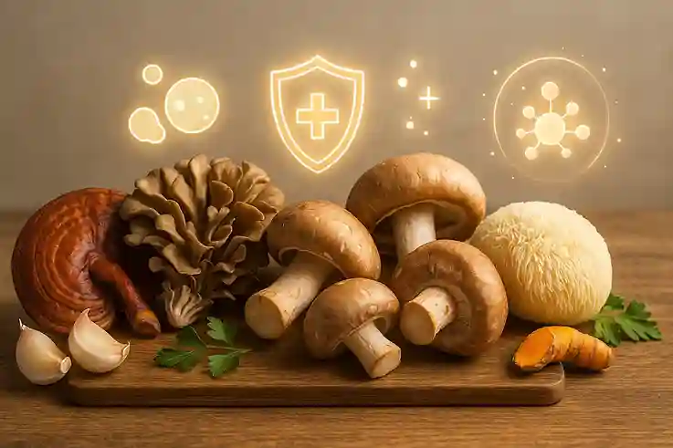 Fresh medicinal mushrooms including shiitake, maitake, reishi, and lion’s mane on a wooden surface with glowing immunity icons like shields and white blood cells.