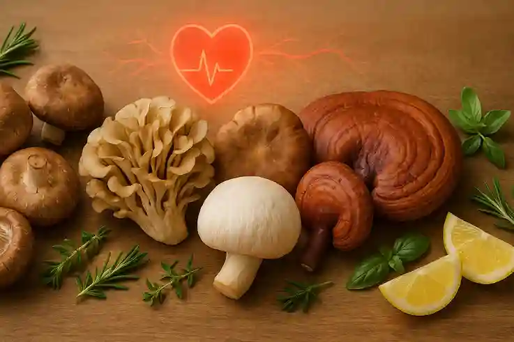 Assortment of shiitake, maitake, and reishi mushrooms on a wooden surface with glowing heart and circulation icons and fresh herbs and citrus slices.