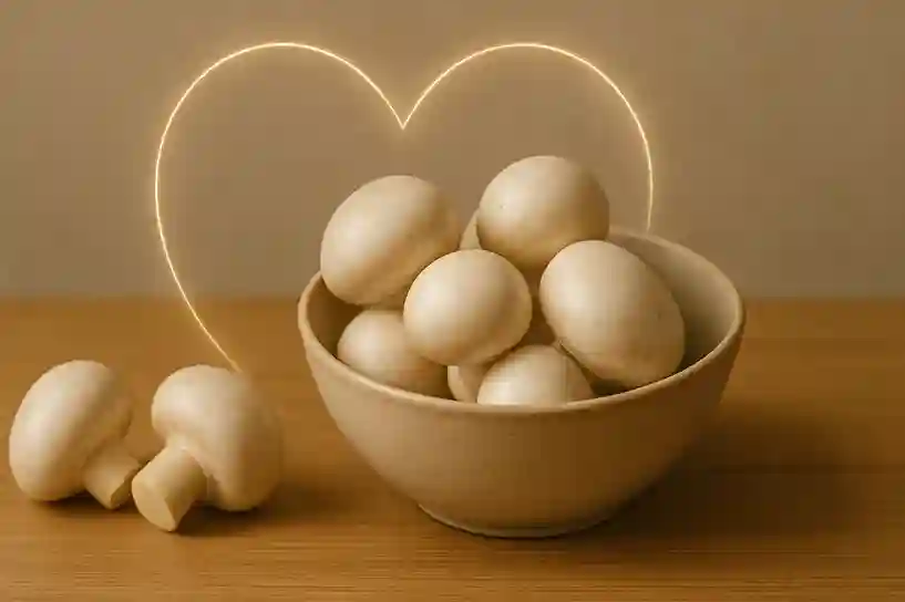Heart Health Benefits of White Mushrooms Fresh white mushrooms with a glowing heart symbol, representing the cardiovascular benefits of white mushroom nutrition.