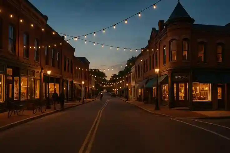 Hidden Travel Gems in the US – Charming Main Streets A cozy American main street with historic buildings, local shops, and glowing string lights, representing hidden travel gems in the US.
