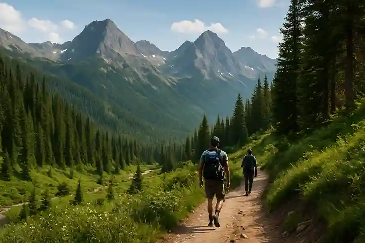 Hidden Travel Gems in the US – Mountain Trail Adventure A panoramic view of a hidden mountain trail in the US with two hikers walking through lush forests toward distant peaks.
