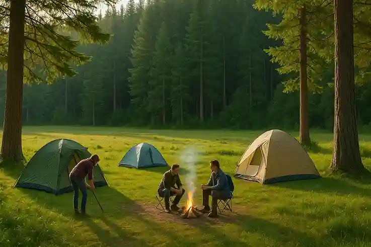 Hidden Travel Gems in the US – State Park Camping Campers in a state park surrounded by untouched greenery, highlighting hidden travel gems in the US.