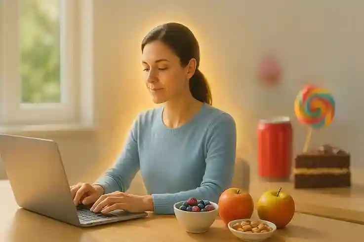 How Sugar Detox Boosts Energy Focused person working at a bright desk with healthy snacks and water, while sugary treats fade, symbolizing sugar detox boosting energy.