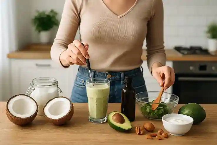 Person preparing a healthy dish using MCT foods like coconut oil, avocado, nuts, and yogurt in a bright kitchen.