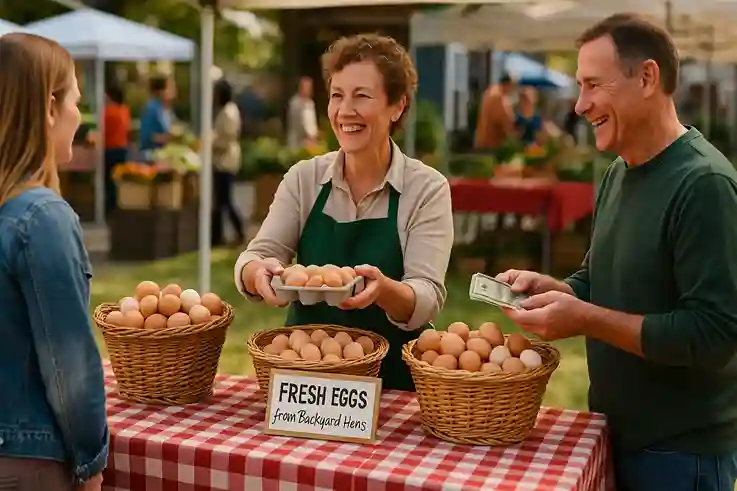 A person selling fresh eggs at a bustling farmers market, showing how to earn money from raising chickens for eggs.