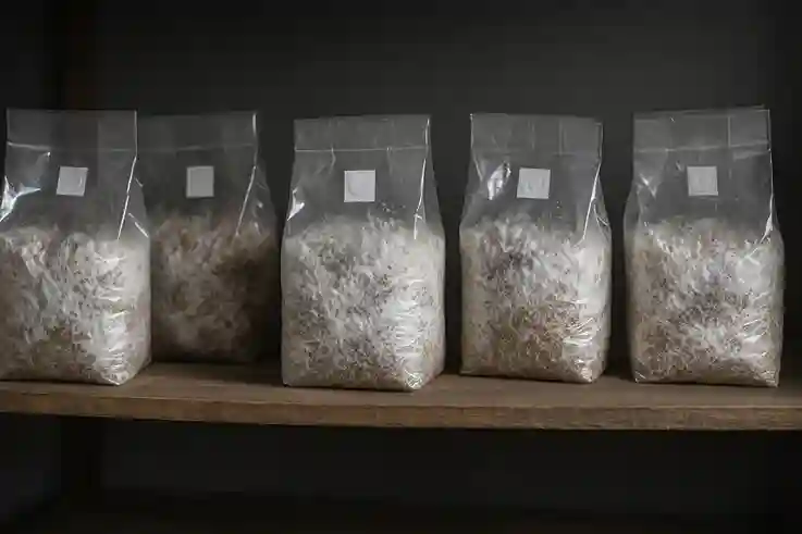 Incubate the Bags for Oyster Mushroom Growth Substrate bags with oyster mushroom spawn incubating on a shelf, showing early mycelium growth.