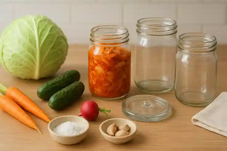 Ingredients and Tools for Homemade Fermented Vegetables Fresh vegetables like cabbage, carrots, cucumbers, and radish arranged with salt, garlic, spices, clean glass jars, fermentation weights, and a cloth, ready for homemade fermentation.