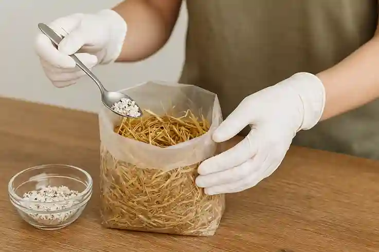 Inoculate the Substrate with Oyster Mushroom Spawn Hands adding oyster mushroom spawn into a prepared substrate bag filled with straw.