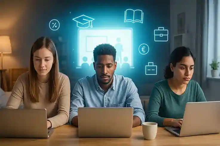 Is Online College Worth It for Students in Today’s World A group of modern students studying online from home and cafés, connected in a virtual classroom, reflecting the question is online college worth it today.