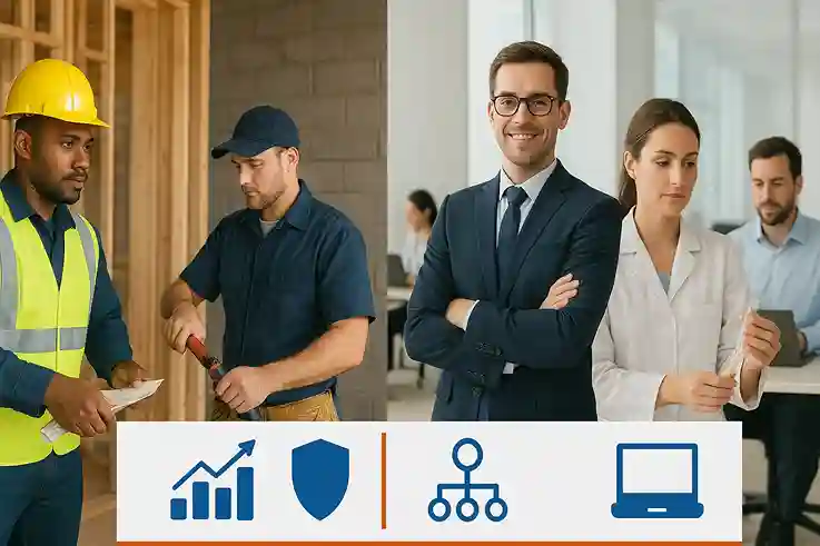 Job Market Demand and Opportunities Trade School vs College Split-screen image showing trade school graduates in hands-on jobs like plumbing and healthcare on one side, and college graduates in office and lab settings on the other.