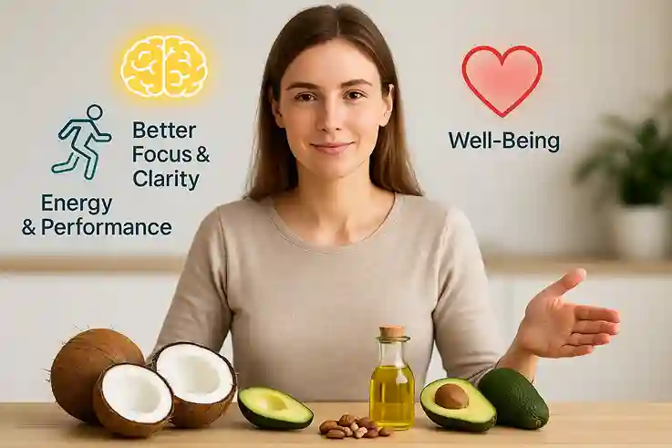 Person surrounded by MCT foods with icons showing energy, focus, and health benefits for a balanced lifestyle.