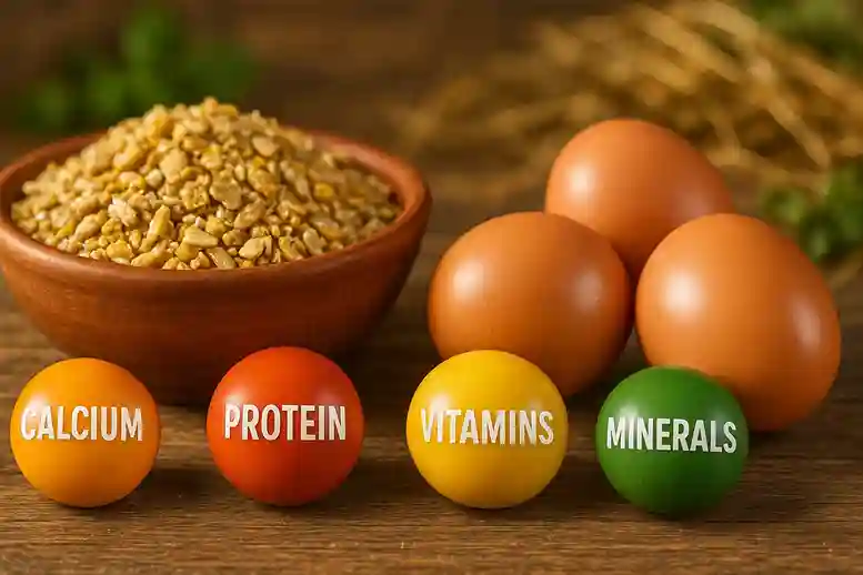 Arrangement of key chicken vitamins and nutrient-rich feed with fresh eggs highlighting Chicken Vitamins for egg production