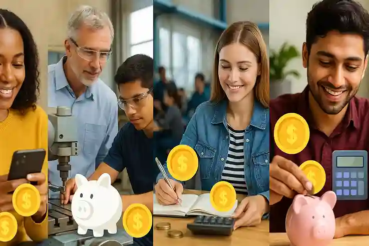 Collage of students learning affordably, managing tuition and savings – lower costs than traditional college.