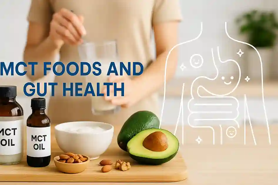 MCT Foods and Gut Health shown with coconut oil, avocados, nuts, and yogurt for digestive wellness