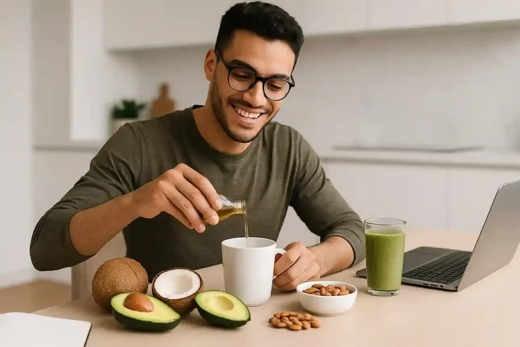 Young professional enjoying coffee with MCT foods like coconut oil, avocado, and nuts for clean energy and focus.
