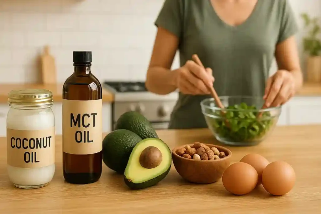 Healthy MCT foods like coconut oil, avocados, and nuts for weight loss and energy