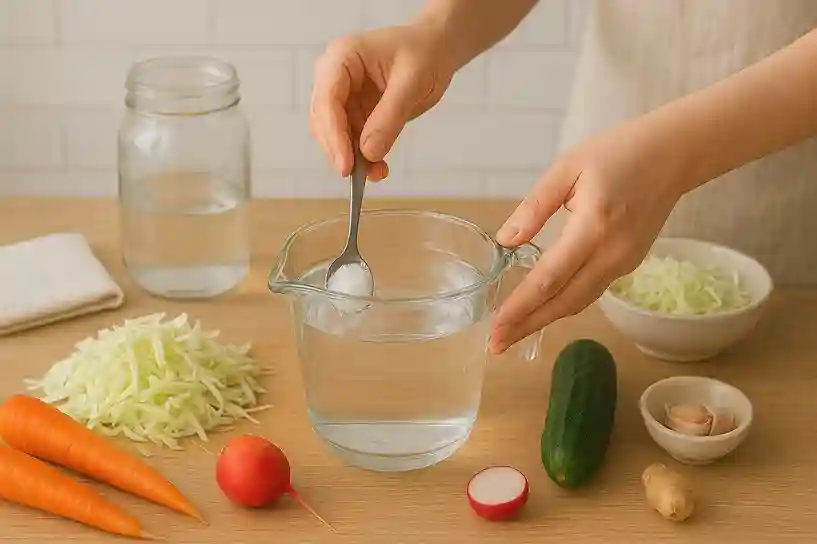Making Brine for Homemade Fermented Vegetables A bowl of clean water with salt being stirred, next to chopped cabbage, carrots, cucumbers, and radish, preparing brine for homemade fermented vegetables like DIY sauerkraut and kimchi.