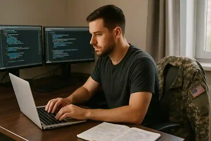 Meet James A Veteran Who Built a Tech Career Through Online College A 29-year-old U.S. Army veteran studying coding on his laptop at home, with a folded military uniform nearby, symbolizing his transition to a tech career through online learning.