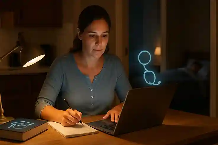 Meet Sarah A Mother Who Achieved Her Nursing Dream Through Online College A 34-year-old mother studying late at night on her laptop while her children sleep, symbolizing perseverance and the flexibility of online college.