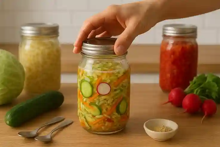 Monitoring Fermentation for Homemade Fermented Vegetables Hands checking a glass jar of chopped cabbage, carrots, cucumbers, and radish submerged in brine, with visible bubbles and a slightly sour aroma, during DIY sauerkraut or kimchi fermentation at home.