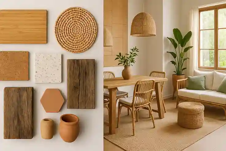 Natural Materials That Transform Your Space Collection of natural materials like bamboo, rattan, cork, reclaimed wood, stone, clay, and jute used in sustainable home decor