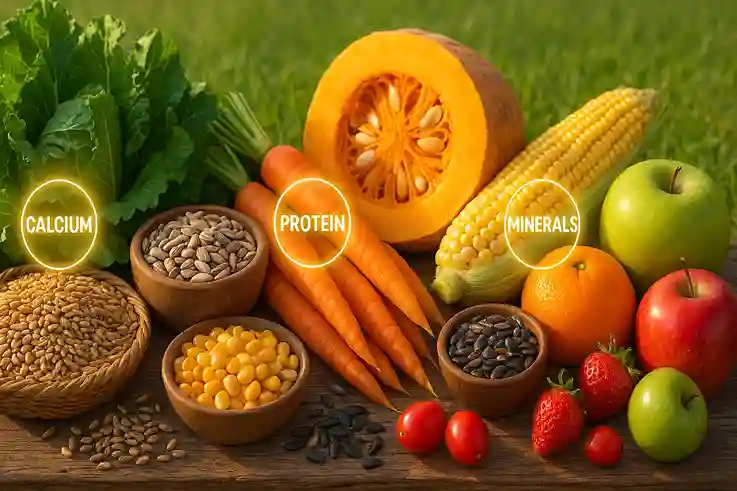 Assortment of natural foods like leafy greens, grains, seeds, and vegetables representing sources of Chicken Vitamins
