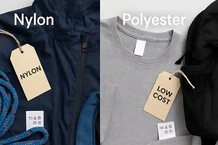 Comparison of nylon vs polyester showing cost and care differences with clothing, tags, and washing instructions.