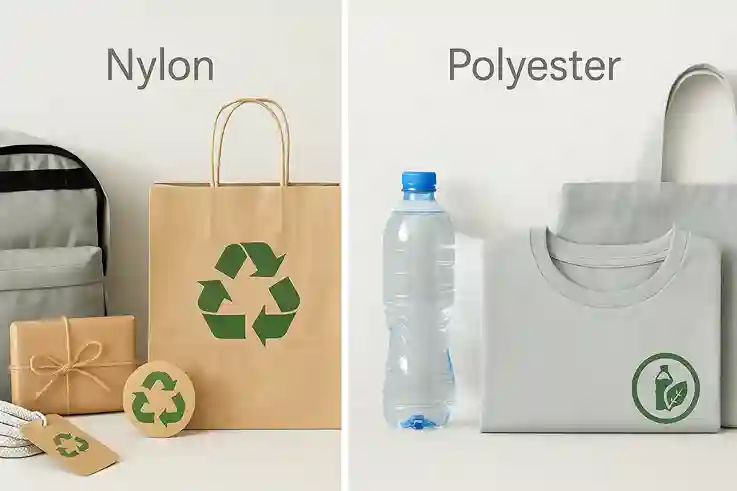 Side-by-side comparison of nylon vs polyester sustainability, showing recycling, eco-friendly fabrics, and environmental impact.