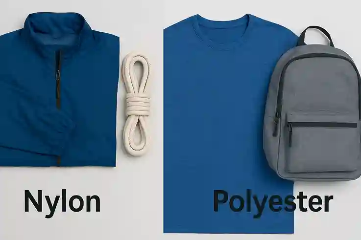 Side-by-side comparison of nylon vs polyester fabrics showing durability in jackets, ropes, shirts, and backpacks.