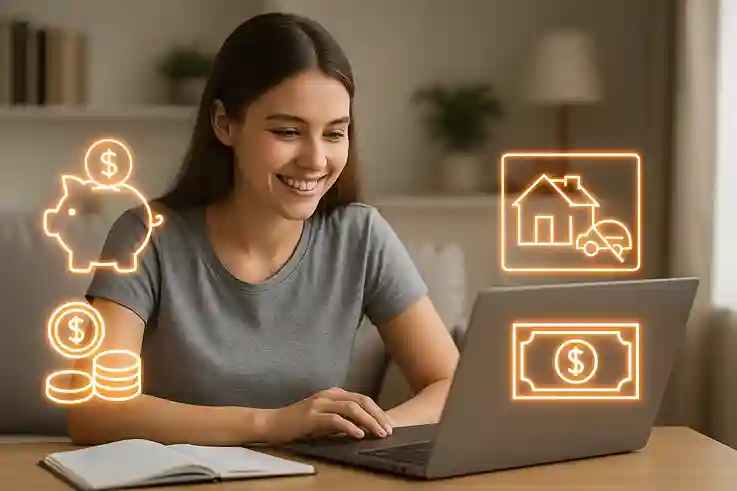 Student studying online at home with icons of piggy bank, coins, and rent savings, showing how Online College Benefits cut living costs.