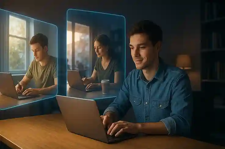 Student using a laptop with holographic scenes of morning, afternoon, and night study options, symbolizing Online College Benefits with flexible schedules.